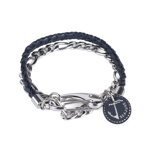 May include: A black leather and silver chain bracelet with a silver clasp and a small round charm with an anchor and the word "Seajure".