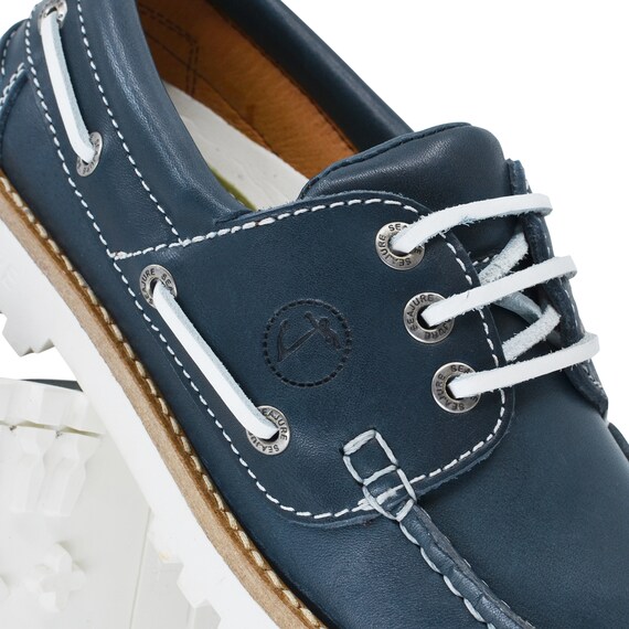 Womens Boat Shoes Seajure Sibang Leather Navy Blue and White 