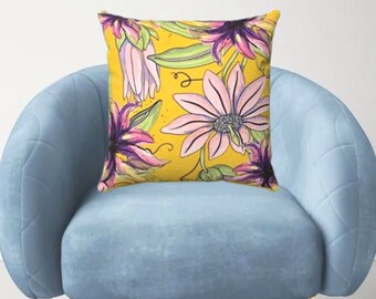 Designer Pillows, Floral Accent Pillow, Vintage Inspired Home Decor, Golden Yellow throw pillow is bright and cheerful, Fall Decor