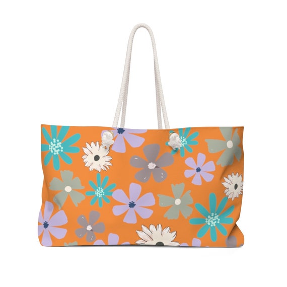 Orange Floral Weekender Bag Designer Beach Bag Abstract 