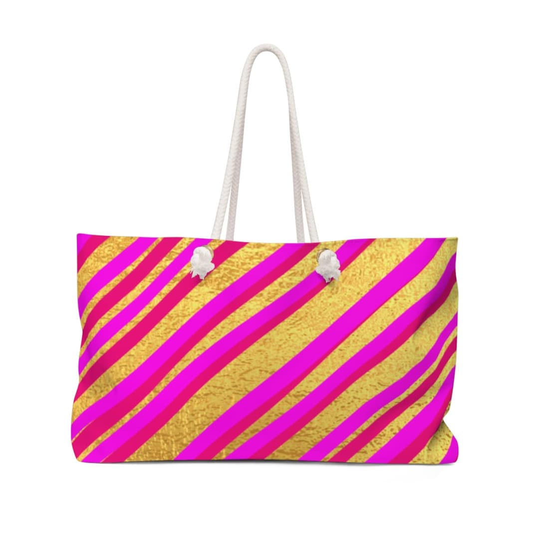 Gold and Pink Stripe Weekender Tote Designer Beach Bag Yoga 