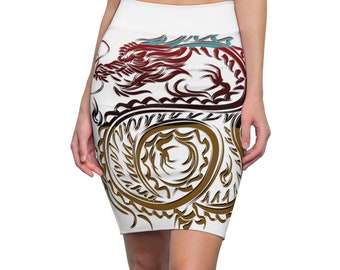 Women's Pencil Skirt, Fitted Skirt, Boho skirt, Dragon designer skirt, Asian Motif Shirt