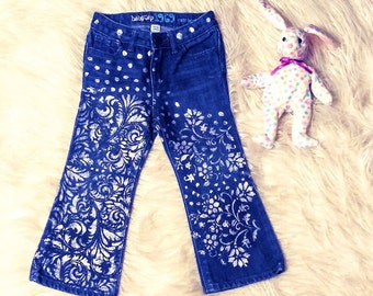 Hand Painted Kids Jeans, Toddler Designer Jeans, Boho Baby Jeans, Silver Flowers and Swirls