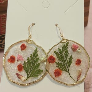 Handmade real pressed flower earrings  ,rustic gold bezel,very light weight