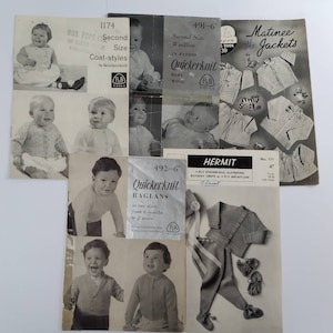 May include: Four vintage knitting pattern booklets featuring baby clothing designs. The patterns are for a coat, a jacket, a raglan sweater, and a set of booties and a sweater. The patterns are from the Quickerknit brand and feature illustrations of babies wearing the garments.
