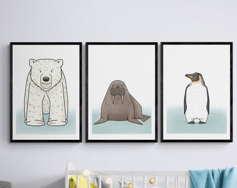 Polar Kinderzimmer Druck Set, TierZimmer Drucke, Kinderzimmer Dekor, Kinderzimmer Kunst, Kinder kunst, Pinguin, Eisbär und Walross