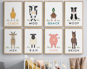 Bauernhof-Kinderzimmer-Druck-Set mit Tiergeräuschen, Tier-Kinderzimmer-Drucke, Kinderzimmer-Dekoration, Kinderzimmer-Wandkunst, Kinder-Wandkunst, Bauernhof-Druck-Set