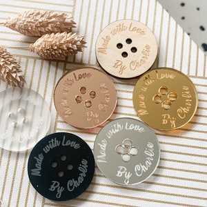 Personalised Button Tag for Crafters, Engraved Wood Buttons, Mirror or Acrylic Tags for Gifting, Product Labels, Handmade