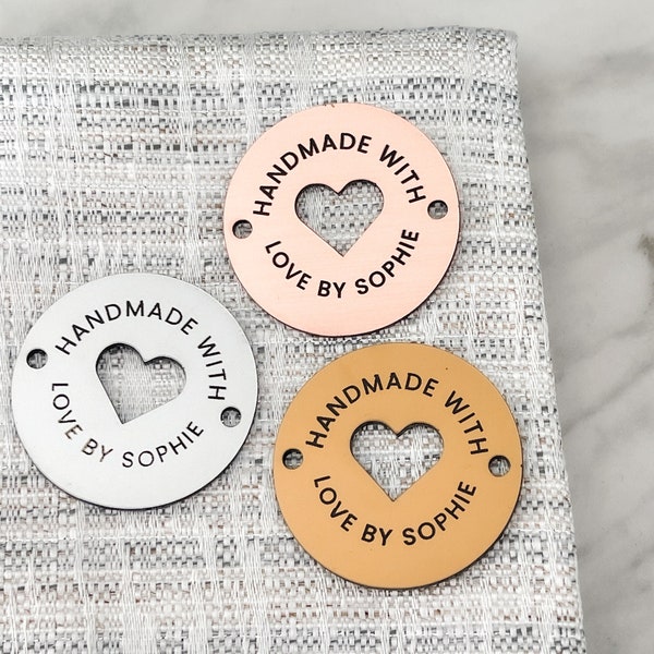 Handmade With Love By... Personalised Button Tag for Crafters, Brand Labels, Hobbyists, 2 Ply Luxury Acrylic Tags, Sewing, Knitting Projects