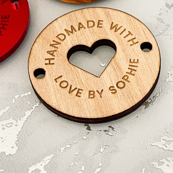 Handmade With Love By... Personalised Button Tag for Crafters, Mirror or Acrylic Tags for Gifting, Product Labels, Sewing, Branding