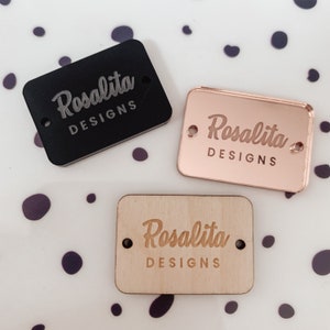Personalised Rectangle Button Tag for Crafters, Engraved Wood Buttons, Mirror or Acrylic Tags for Gifting, Product Labels, Handmade