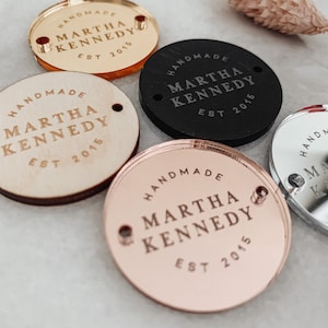 Personalised Button Tag for Crafters, Small Business, Engraved Wood Buttons, Mirror or Acrylic Tags for Gifting, Product Labels, Handmade