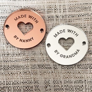 Made With Love By Nanny Button Tag for Crafters, Grandma, Grandad, Mirror or Acrylic Tags for Gifting, Product Labels, Sewing, Knitting Gift