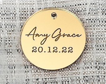 New Baby, Christening, Personalised Baking Tag, Gift Tag, Engraved Cake Charms, Cupcake Toppers, Mirror or Acrylic, Luxury Gift Tags