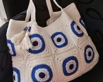 Handmade crochet evil eye bag, tote bag, granny square bag, boho bag, shoulder bag, shopping bag, weekend bag, gift for her