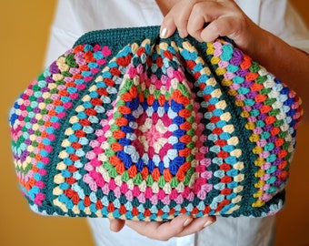 Embrague de ganchillo multicolor de la abuela cuadrado hecho a mano, bolso de ganchillo, embrague de estilo vintage, bolso de ganchillo, bolso de ganchillo, bolso de mujer