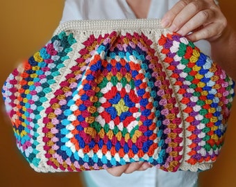 Handmade Multicolor Granny Square Crochet Clutch, Crochet purse, Vintage style clutch, Crochet handbag, Crochet bag, Womens bag