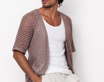 Beige handgemachte gehäkelte halbe Ärmel Sommer-Strickjacke für Männer