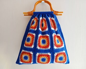 Blue Handmade unique granny square crochet bag with wooden handle, vintage style bag, crochet handbag for women