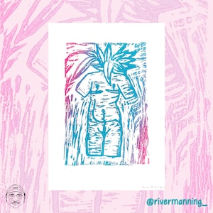 Może przedstawiać: Niebiesko-różowa linorytnicza grafika przedstawiająca stylizowaną postać ludzką z rośliną rosnącą z jej głowy. Grafika jest wydrukowana na białym papierze i ma fakturowaną powierzchnię.