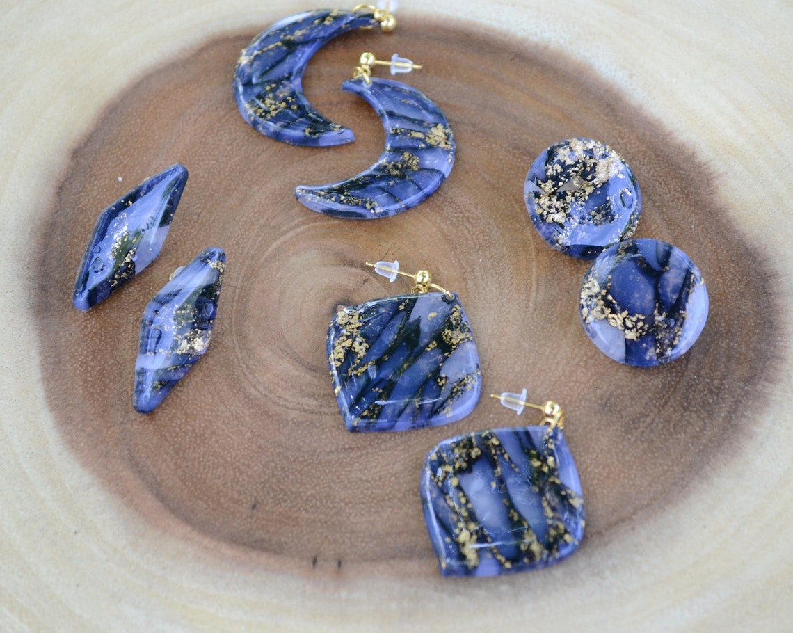 Translucent Black Faux Quartz Polymer Clay Earrings Crescent Etsy