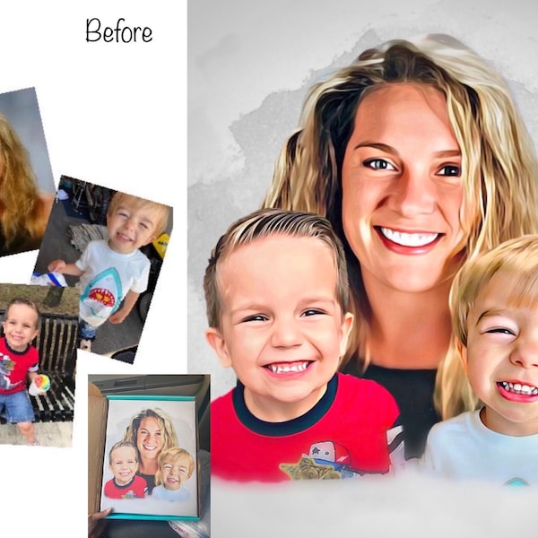 Merged photos into digital painting, Memorial gift, Combined custom and personalized portrait, Add Deceased loved one
