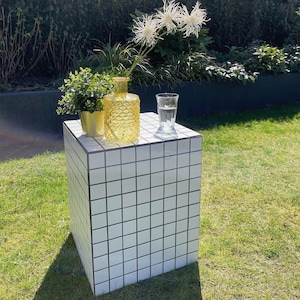 Handmade White Tiled Cube Side Table – Premium Geometric Design for Modern Interiors