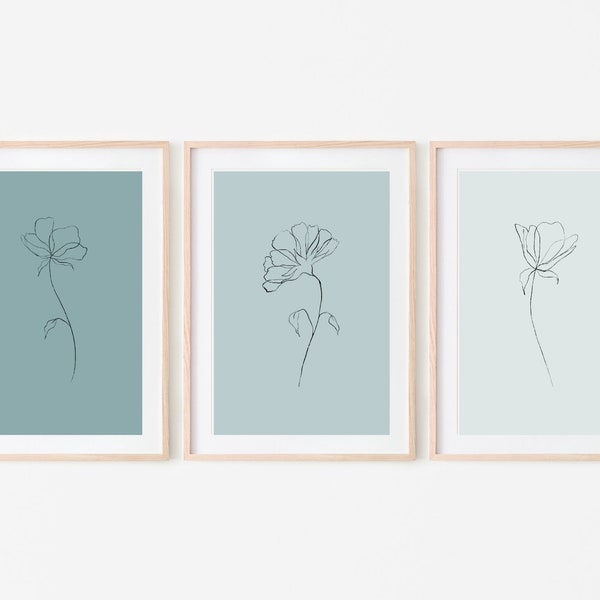 Blauwe Groenblauwe Bloemen Kunst aan de Muur, Set van 3 Prints, Teal Botanische Kunst, Turquoise blauw-groene Floral Line Art,