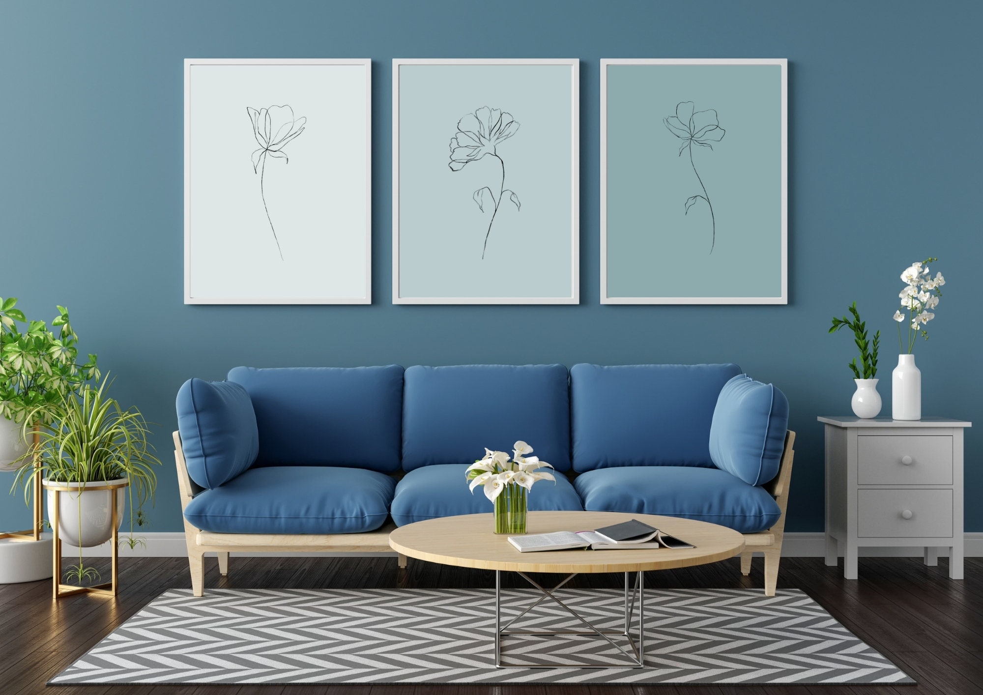 Blue Teal Floral Wall Art Set of 3 Prints Teal Botanical Etsy