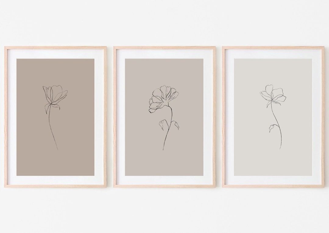 Beige Brown Floral Wall Art, Set of 3 Prints, Beige Brown Botanical Art