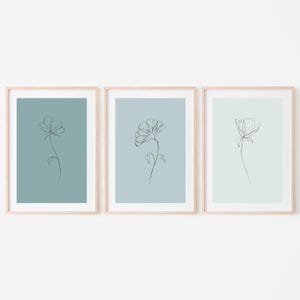 Teal Printable Posters, Floral Line Printable Wall Art, Minimalist Blue Flower Digital Art Prints, Turquoise Floral Art, Aqua Flower Art