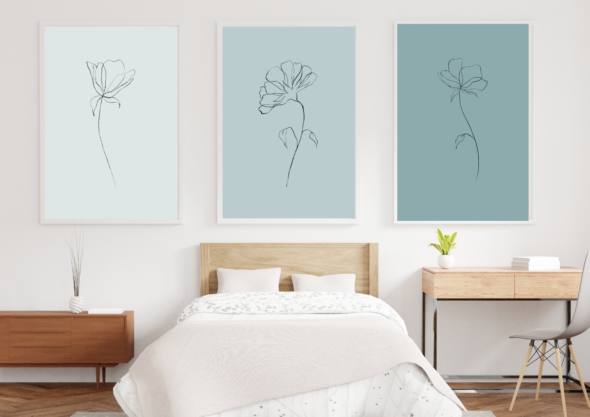 Blue Teal Floral Wall Art Set of 3 Prints Teal Botanical Etsy
