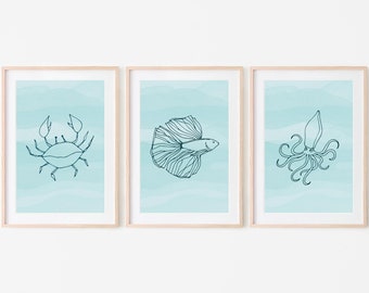 Set of 3 Sea Life Prints, Crab Art, Fish Art, Squid Art, Nautical Theme Art, Set of Blue Prints for Nautical Themed Nursery or Bathroom