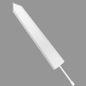 May include: A white sword with a pointed tip and a long, straight blade.
