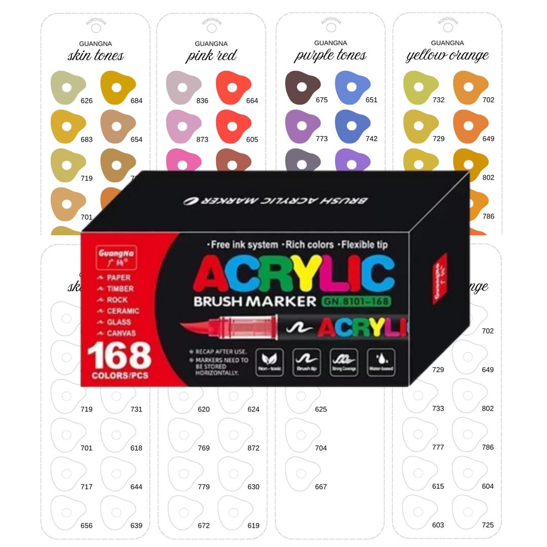 Guangna 168 Colors Acrylic Marker Swatch Template Printable Brush Pen ...