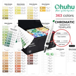 May include: A black carrying case filled with Ohuhu Honolulu alcohol markers, accompanied by multiple colour swatch cards displaying various shades. A single white marker is positioned in the foreground, with text indicating colour code updates.