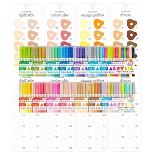 以下が含まれることがあります： アクリルマーカーとカラーサンプル。マーカーは様々な色があり、パッケージには「ACRYLIC」の文字。カラーサンプルは「light skin」、「warm skin」、「orange yellow」、「brown」と表示されています。