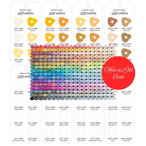 May include: A colour chart displaying 320 shades, labelled "OHUHU OAHU 320 colours." The chart presents colour swatches in a range of hues, from yellows and oranges to browns and tans. A red circle with "New & Old Code" text is on the right.