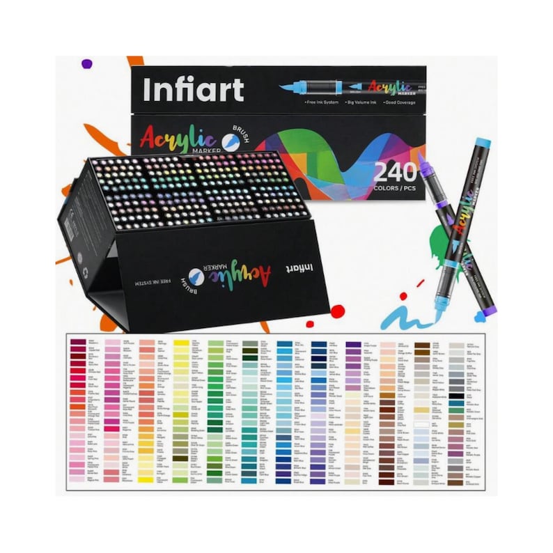 May include: A black box of Infiart acrylic markers with 240 colors. The box is open, revealing the markers inside. Two markers are crossed in front of the box. A color chart is below the box, and the text "Acrylic Marker" is visible.