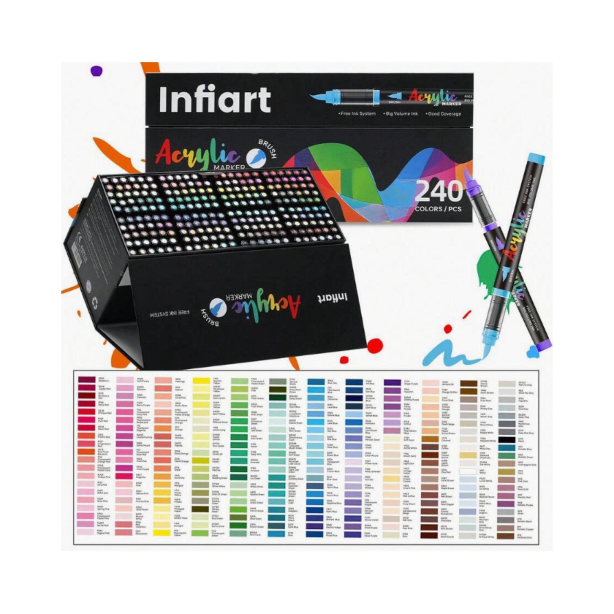 Infiart 240 Colors Acrylic Marker Swatch Template Brush Tip Pen Color ...