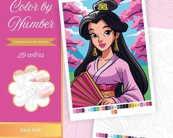 May include: Color by Number art kit featuring a portrait of a woman in a pink kimono holding a fan. The kit includes a color-coded image, a color palette, and the text "Color by Number", "For Adults & Relaxation", "29 colors", and "PNG PDF".