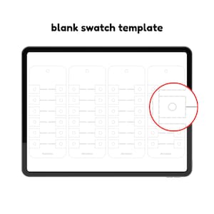 Puede incluir: Una tableta negra muestra una plantilla de muestra en blanco con el texto "blank swatch template" en la parte superior. La plantilla presenta múltiples secciones rectangulares con líneas punteadas y círculos, ideal para muestras de color o material.