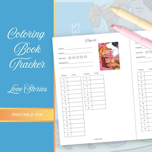 以下が含まれることがあります： 「Coloring Book Tracker Love Stories」のテキストが入った、印刷可能なPDFぬりえブックトラッカー。ページには評価セクション、マーカー用のスペース、小さなイラストが含まれています。2つのマーカーが見えます。
