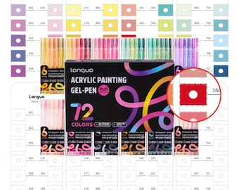 May include: A set of 72 Languo acrylic painting gel pens in a black box with colorful swirling lines. The box displays the text Acrylic Painting Gel-Pen Plus 72 Colors. Included are several white color swatch cards with numbered squares.