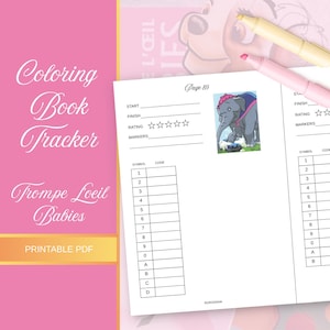 Könnte beinhalten: Eine druckbare Malbuch-Tracker-Seite mit dem Titel Page 89, die eine farbige Illustration eines grauen Elefanten mit einer rosa Schleife zeigt, der einen kleineren Elefanten wäscht. Das Layout enthält Felder für Start, Ende, Bewertung, Marker und eine Tabelle.