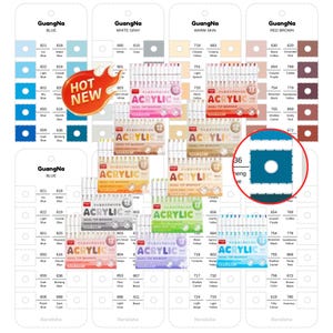 Puede incluir: Una exhibición de marcadores acrílicos de doble punta en varios colores, dispuestos en tarjetas. Las tarjetas están etiquetadas con nombres y números de colores. Una pegatina "HOT NEW" es visible. Los marcadores son de la marca GuangNa.