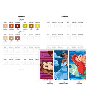 Op de afbeelding: Een witte pagina met make-up kleurencombinaties met het label "Combos" voor "Aurore" en "Jasmine". Hieronder staan illustraties van drie Disney-prinsessen: Belle, Tiana en Ariel, met de tekst "73 La Belle et la Bête", "74 La Princesse et la Grenouille" en "75 La Petite Sirène".