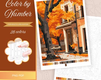 May include: Color by Number kit for adults. The image shows a fall scene with a cafe, trees, and falling leaves. The kit includes 28 colors and is available as a PNG PDF.