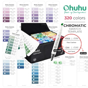 May include: A black carrying case filled with 320 Ohuhu Honolulu alcohol markers, accompanied by multiple white chromatic swatch template cards. A single marker with a green cap is positioned in front, showing new and old color codes.