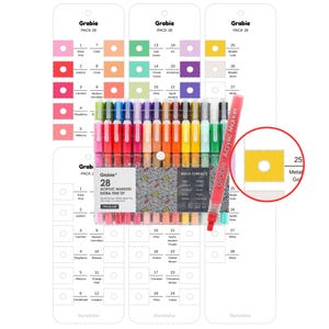 May include: A set of 28 acrylic markers with extra fine tips, displayed with color swatches. The markers are in a clear plastic case, and a single red marker is shown separately. The color palette includes a range of vibrant hues.